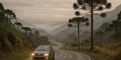 Winter in Brazil: A car driving along a winding road through the mountains of southern Brazil during winter. The sky is cloudy and overcast, with a soft mist covering the valleys. Araucaria trees line the road, and the landscape is green but slightly dry. The air looks cold and crisp, people in the distance are wearing light winter jackets. The car has headlights on, illuminating the foggy road ahead. There's a subtle orange hue in the atmosphere, as if from early morning or late afternoon light, giving the scene a warm, nostalgic tone without overpowering the winter feel. Mood is serene and atmospheric.