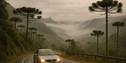 Invierno en brasil: Un coche conduciendo por una carretera sinuosa en las montañas del sur de Brasil durante el invierno. El cielo está nublado y cubierto, con una suave niebla que cubre los valles. Araucarias bordean la carretera, y el paisaje es verde, pero ligeramente seco. El aire parece frío y limpio, con personas a lo lejos usando chaquetas ligeras de invierno. Los faros del coche están encendidos, iluminando el camino con niebla por delante. Hay un leve tono anaranjado en la atmósfera, como si fuera temprano por la mañana o al final de la tarde, dando un toque acogedor y nostálgico a la escena, sin quitar la sensación de invierno. Clima sereno y atmosférico.